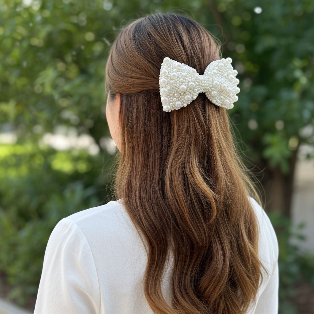 WHITE PEARL BEJEWELLED BOW