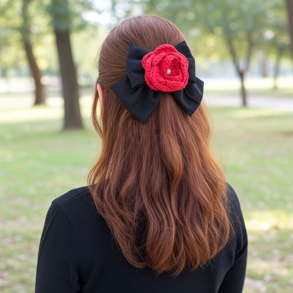BLACK ROSE PIGTAIL BOW