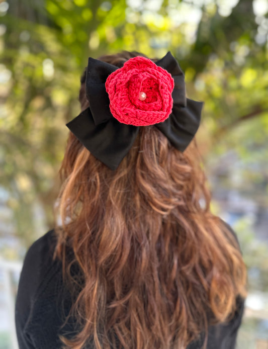 BLACK ROSE PIGTAIL BOW