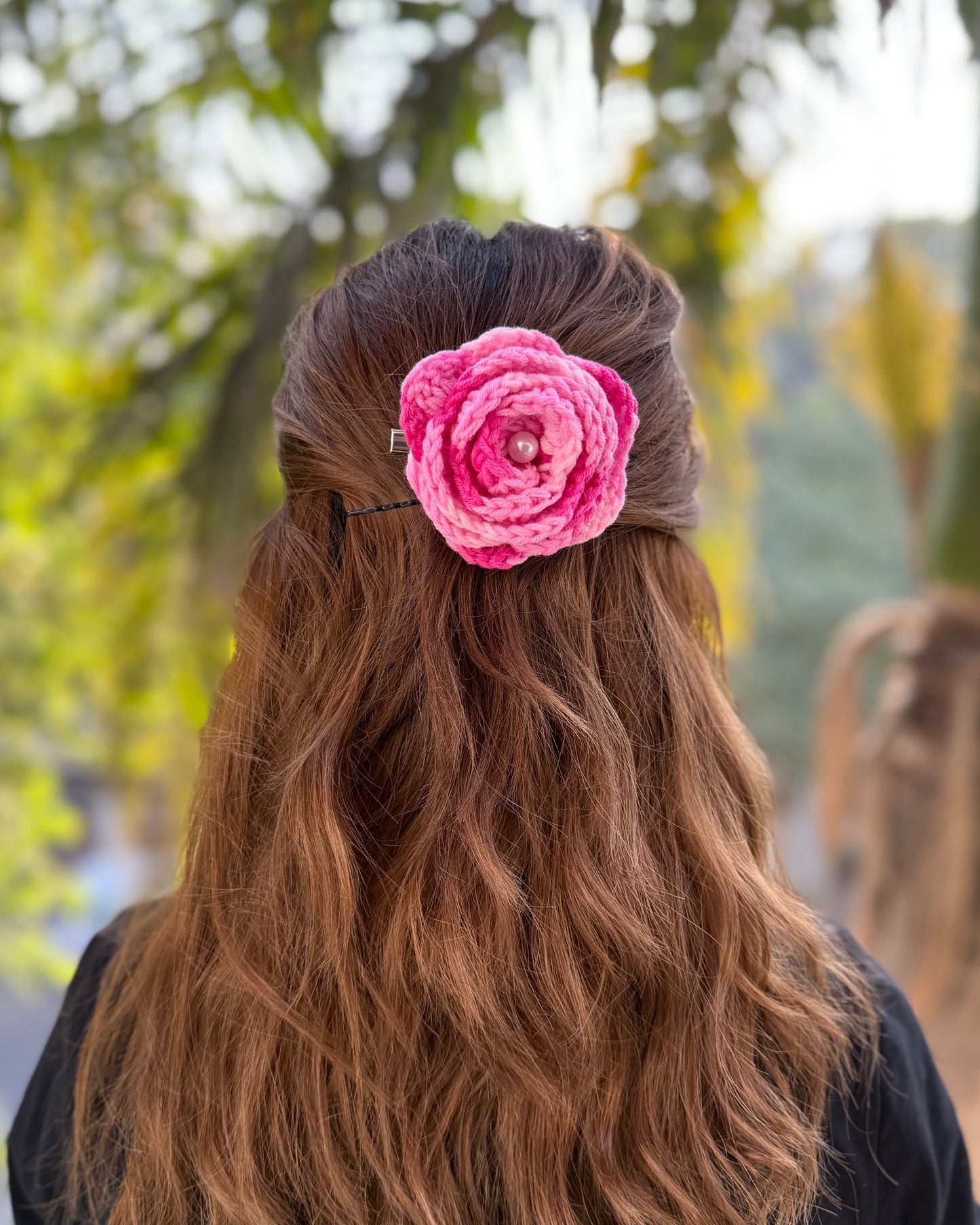 PINK ROSE CROCHET BOW