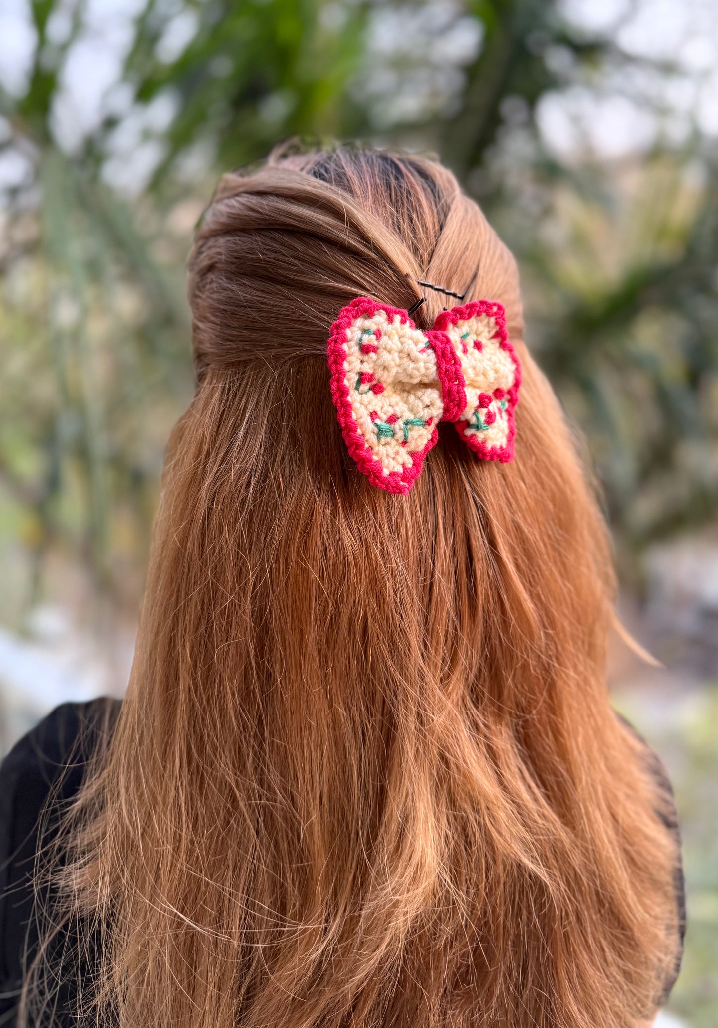 RED CHERRY CROCHET BOW