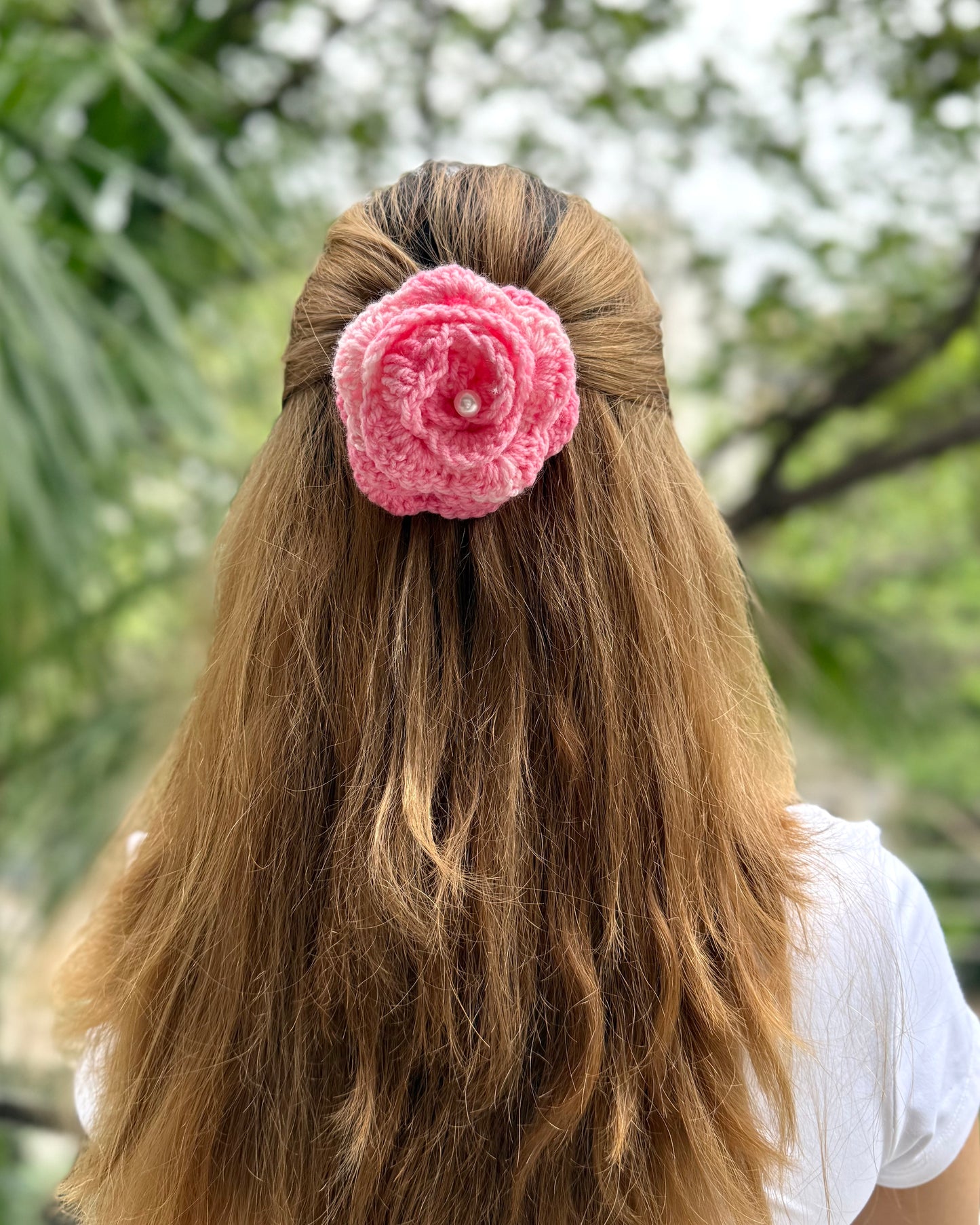 PINK ROSE CROCHET BOW