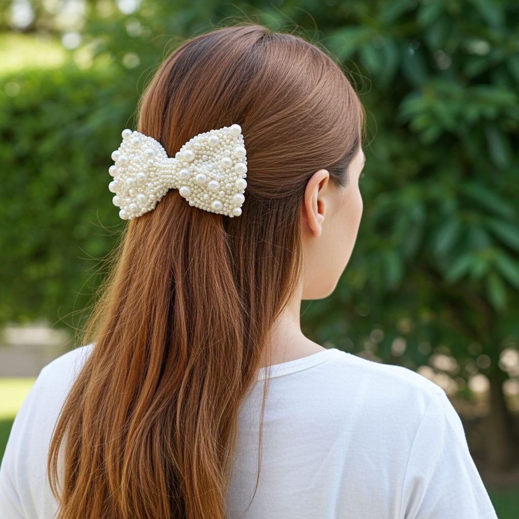 WHITE PEARL BEJEWELLED BOW