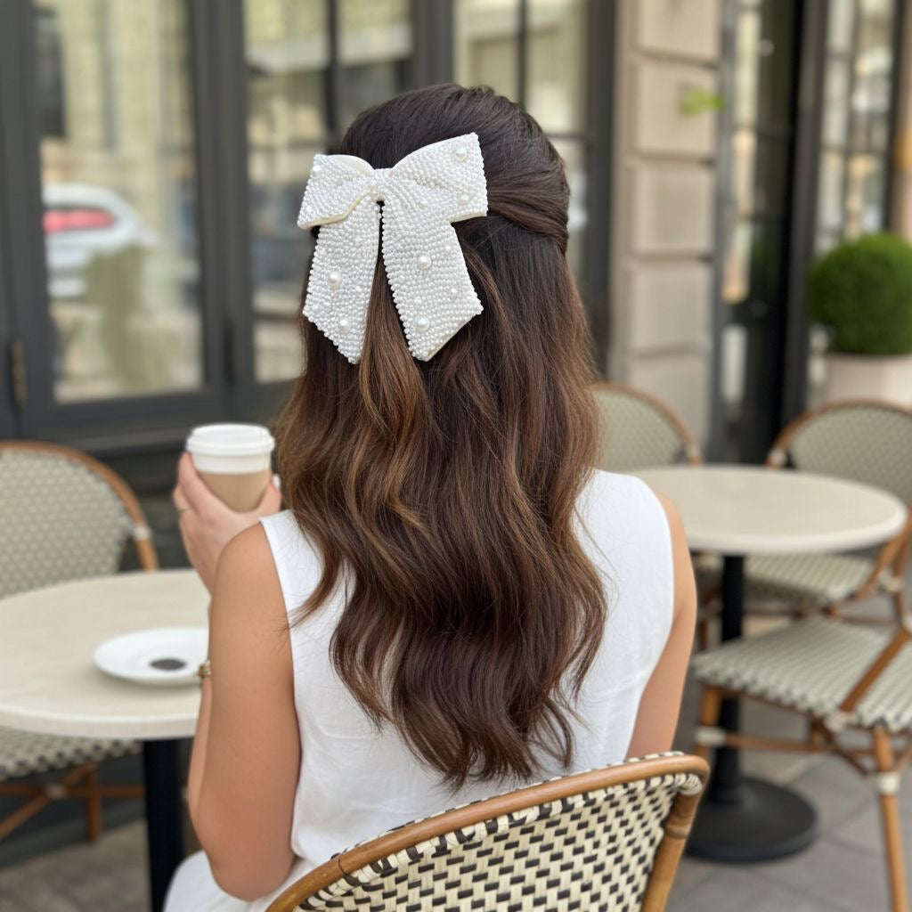 WHITE PEARL BEJEWELLED BOW