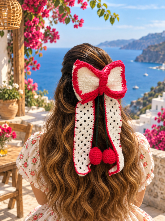 CHERRY CREAM CROCHET BOW