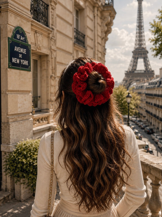CRIMSON BLOOM CROCHET SCRUNCHIE