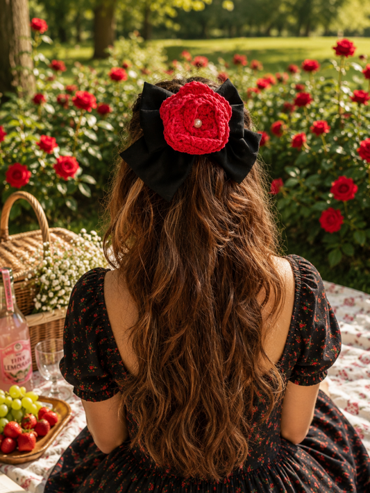 BLACK ROSE PIGTAIL BOW