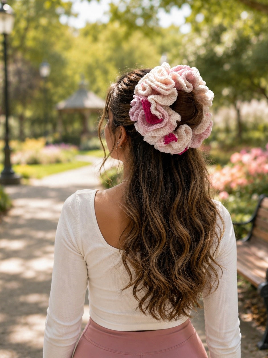 SAKURA BLOOM CROCHET SCRUNCHIE