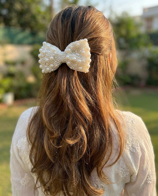 WHITE PEARL BEJEWELLED BOW