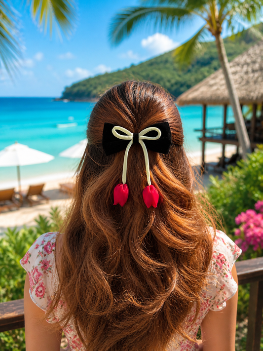 BLACK ROSE PIGTAIL BOW