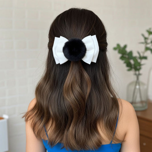 WHITE PUFF PIGTAIL BOW