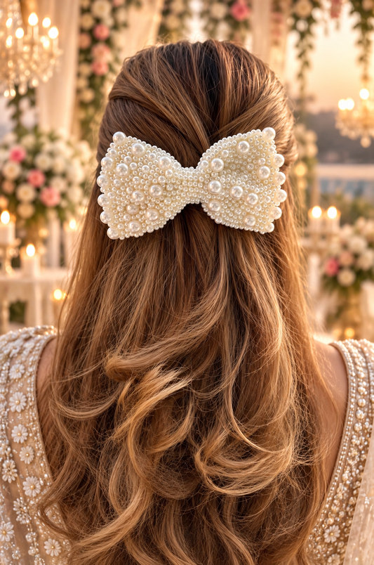 WHITE PEARL BEJEWELLED BOW