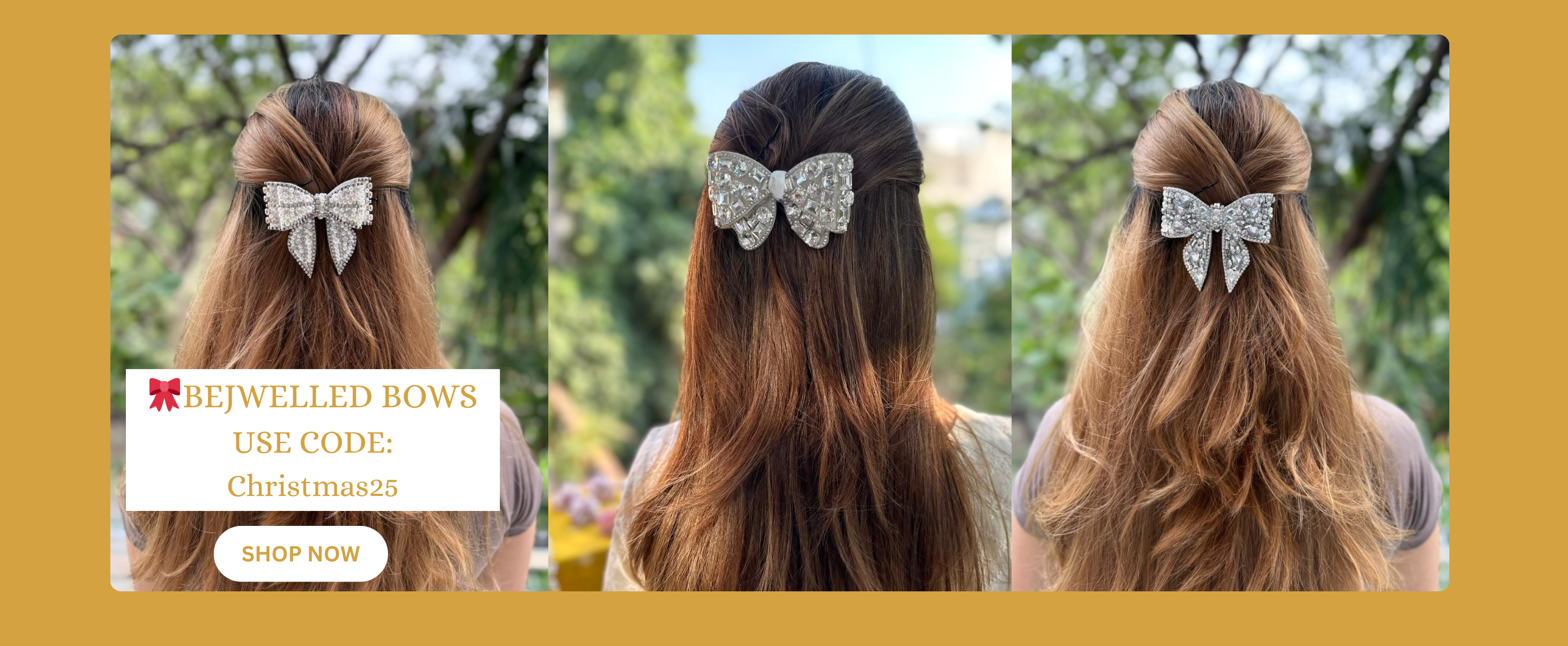 Three views of a person with a decorative hair bow, with a promotional banner for 'Betjewelled Bows' on a yellow background.