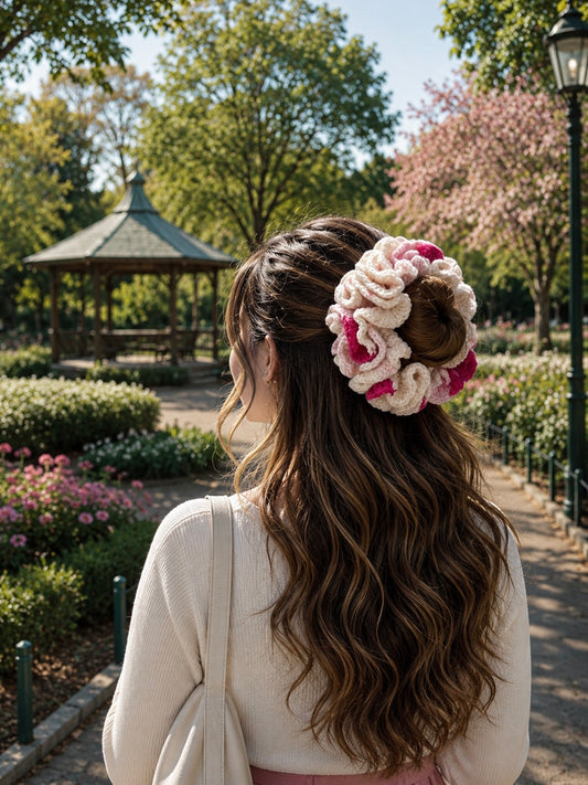 SAKURA BLOOM CROCHET SCRUNCHIE