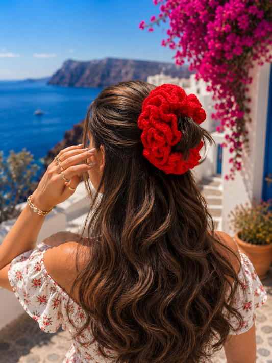CRIMSON BLOOM CROCHET SCRUNCHIE