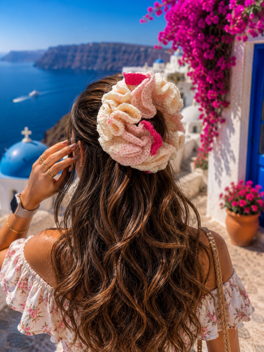 SAKURA BLOOM CROCHET SCRUNCHIE