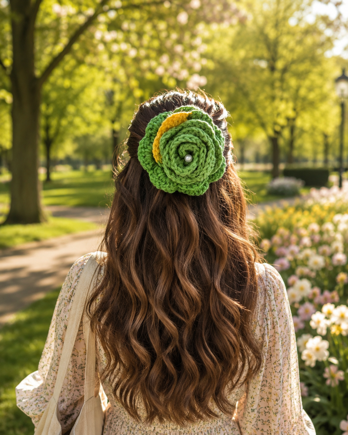 GREEN ROSE CROCHET BOW