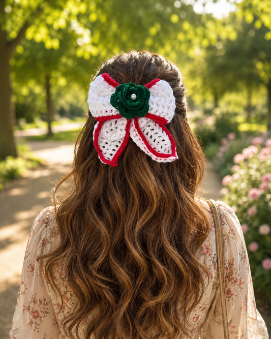 GREEN ROSE CROCHET BOW