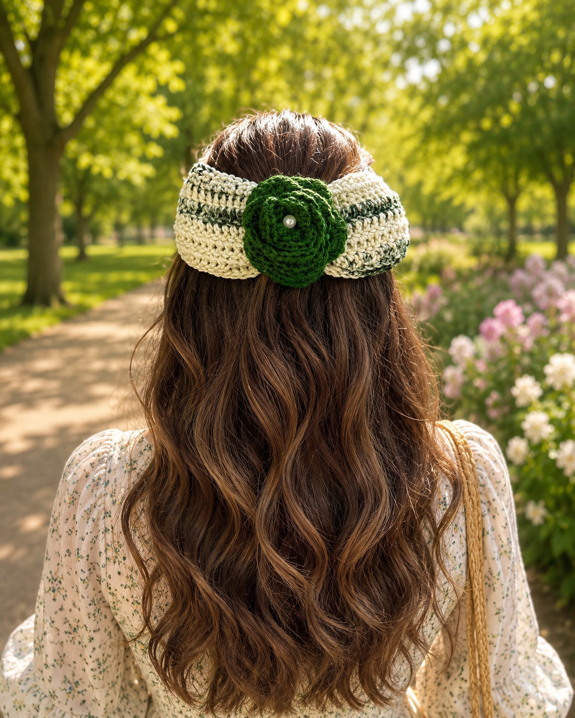 GREEN FLOWER CROCHET BOW