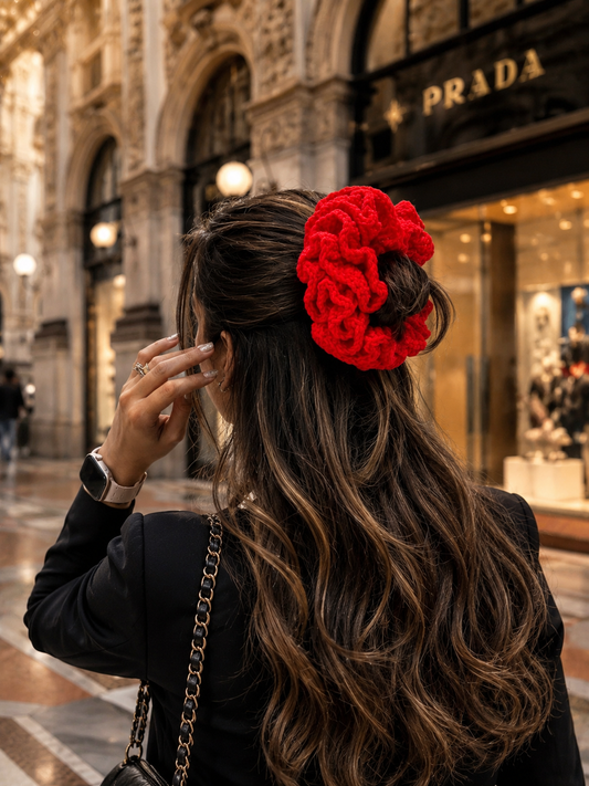 CRIMSON BLOOM CROCHET SCRUNCHIE