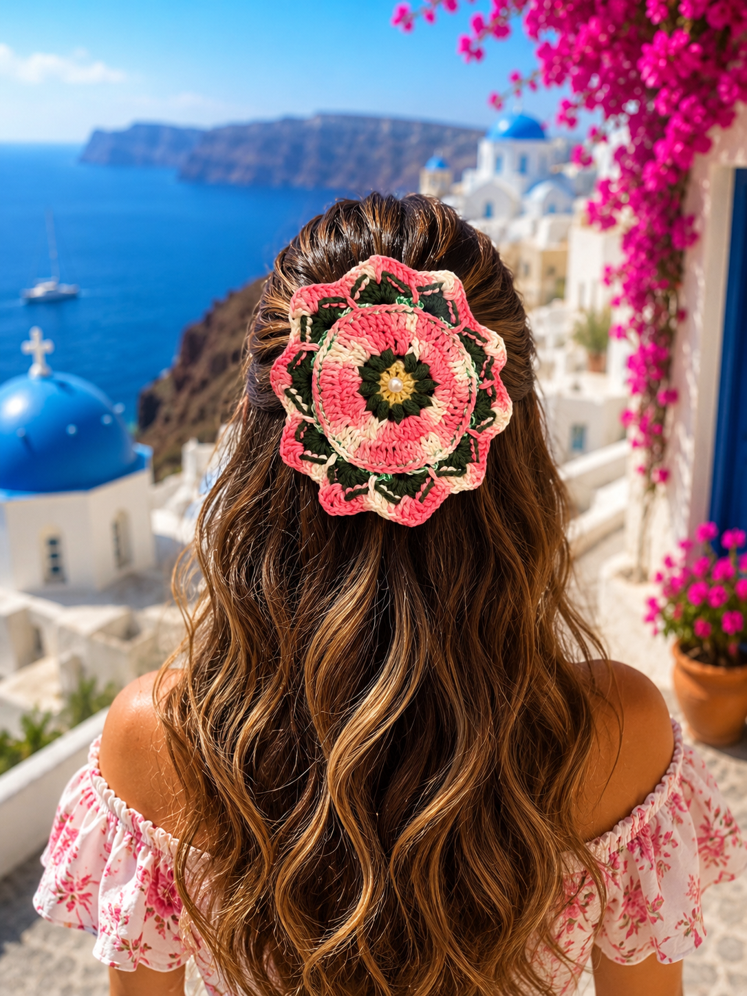 PINK ROSE CROCHET BOW