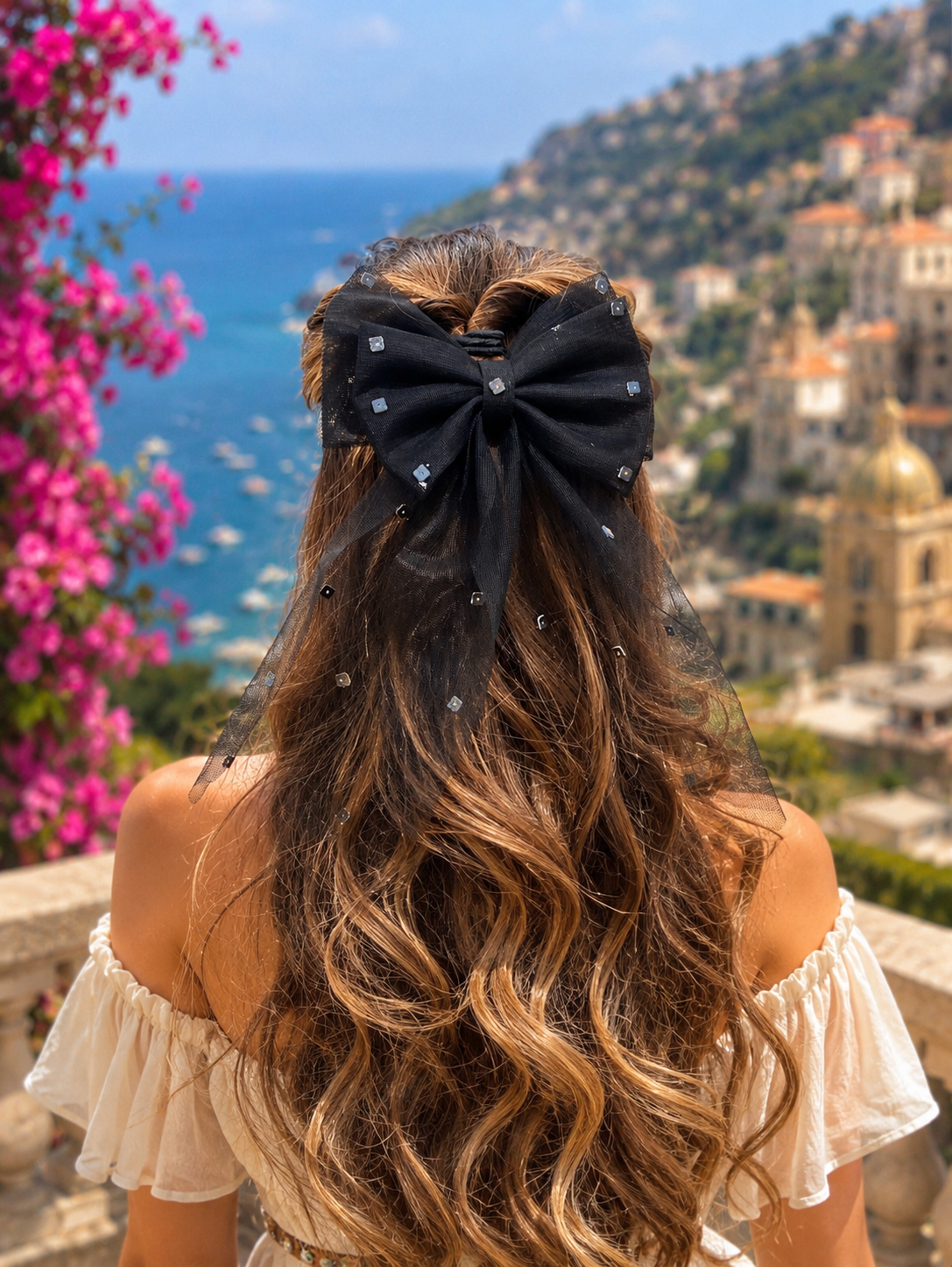 BLACK PEARL PIGTAIL BOW