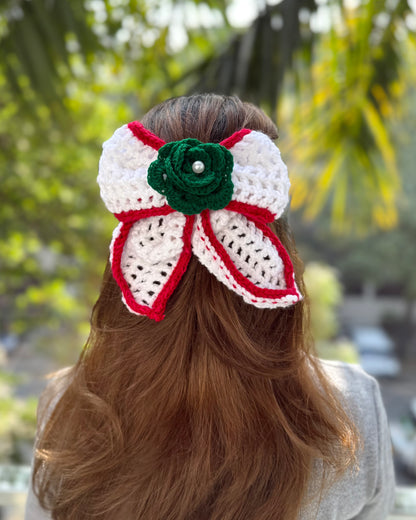 GREEN ROSE CROCHET BOW