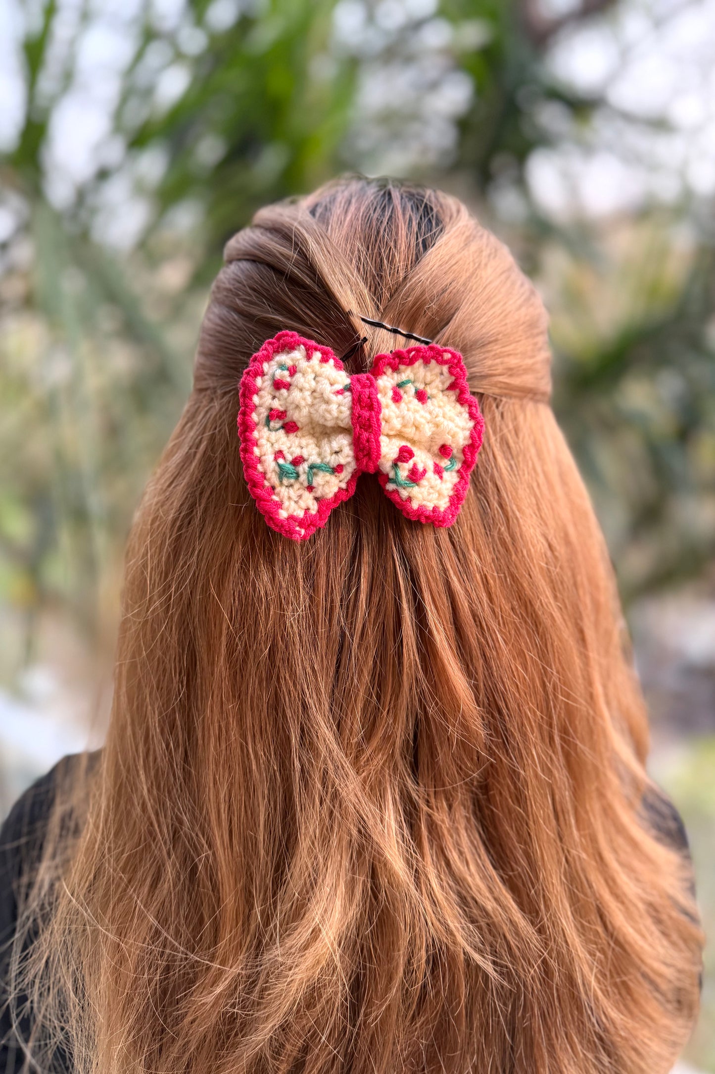 RED CHERRY CROCHET BOW