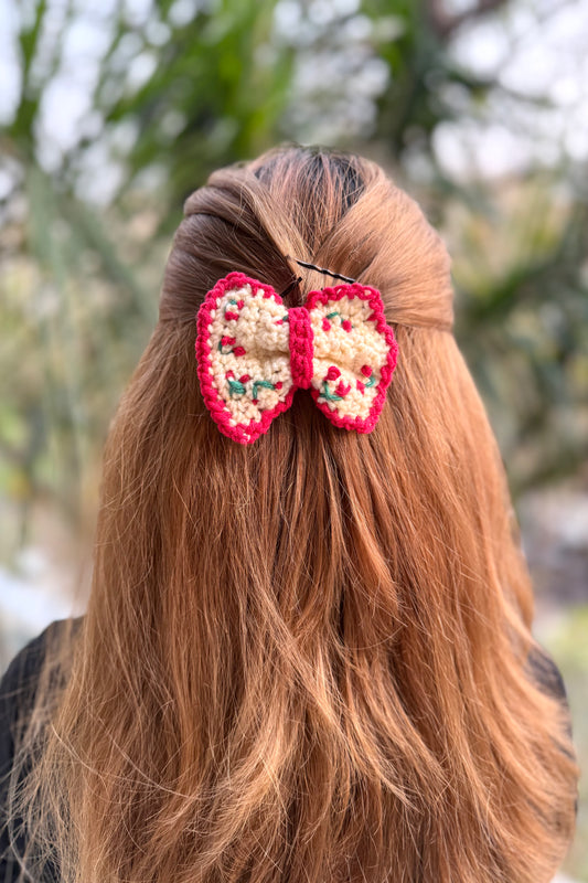 RED CHERRY CROCHET BOW