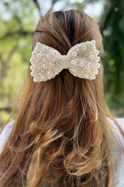 WHITE PEARL BEJEWELLED BOW