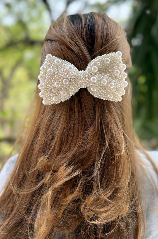 WHITE PEARL BEJEWELLED BOW