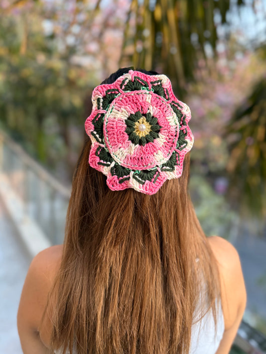 PINK ROSE CROCHET BOW